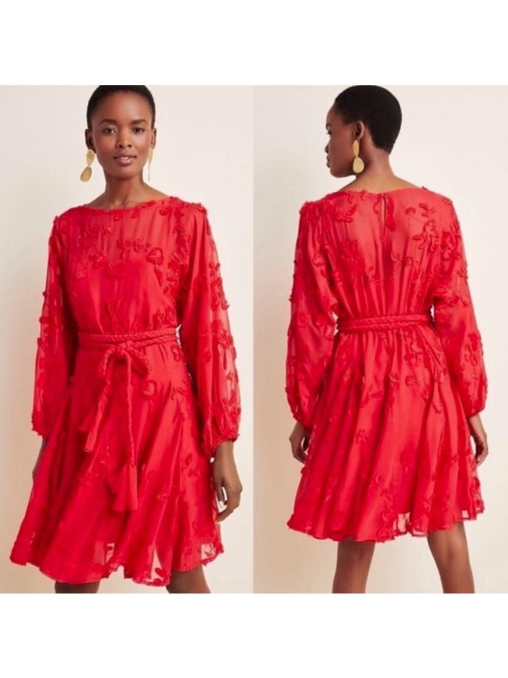 Mare Mare Amal Anthropologie Long Sleeve Mini Dress Red Sheer Medium 3D Flowers